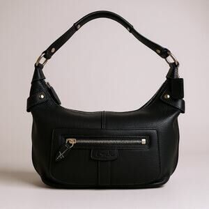 COACH Black Pebbled Leather Hobo Shoulder Bag Handbag Purse Zip Front Pocket